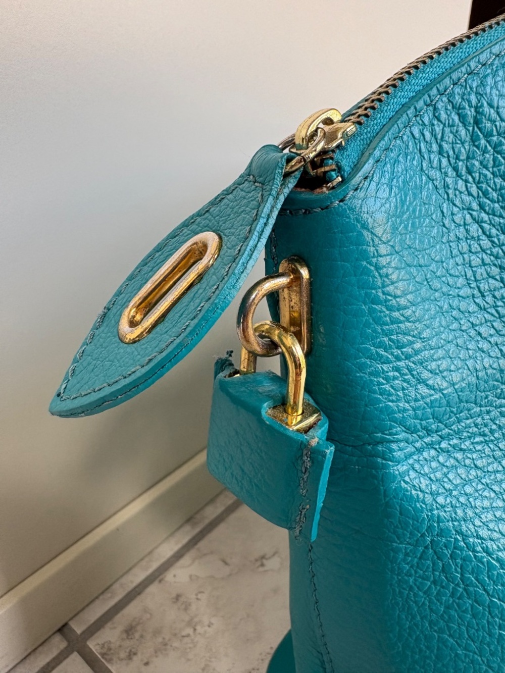 L. Credi Teal Leather Shoulder Bag, Hand Bag, Made in Italy - Picture 5 of 16